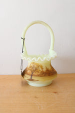 Fenton Custard Yellow Log Cabin Ruffled Edge Glass Basket