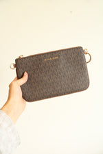 Michael Kors Brown Logo Print Pouchette with Gold Hardware