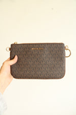 Michael Kors Brown Logo Print Pouchette with Gold Hardware