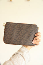 Michael Kors Brown Logo Print Pouchette with Gold Hardware