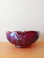 Vintage Iridescent Sunset Ruby Red Carnival Glass Ribbed Edge Bowl