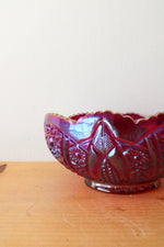 Vintage Iridescent Sunset Ruby Red Carnival Glass Ribbed Edge Bowl