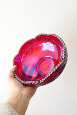 Vintage Iridescent Sunset Ruby Red Carnival Glass Ribbed Edge Bowl