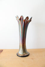 Vintage Iridescent Carnival Ribbed Glass Vase | 10.5"