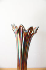Vintage Iridescent Carnival Ribbed Glass Vase | 10.5"