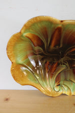 Scalloped Edge Brown & Green Swirl Glazed Oval Bowl