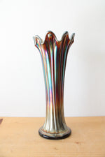 Vintage Iridescent Carnival Ribbed Glass Vase | 10.5"