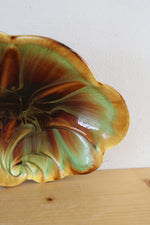 Scalloped Edge Brown & Green Swirl Glazed Oval Bowl