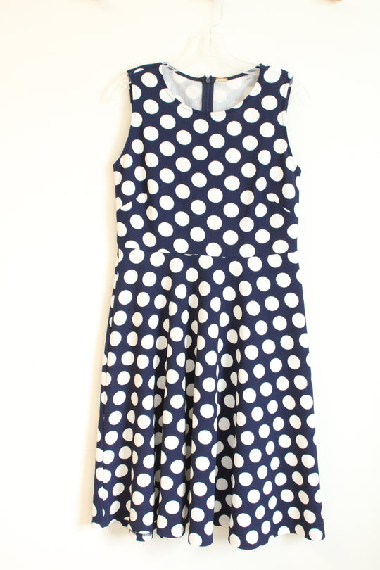 T Tahari Knee Length Navy & White Polka Dot Dress | 10