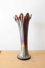 Vintage Iridescent Carnival Ribbed Glass Vase | 10.5"