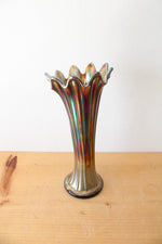 Vintage Iridescent Carnival Ribbed Glass Vase | 10.5"