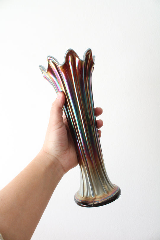 Vintage Iridescent Carnival Ribbed Glass Vase | 10.5"