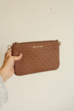 Michael Kors Light Brown Logo Print Pouchette with Gold Hardware