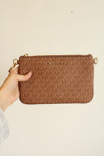 Michael Kors Light Brown Logo Print Pouchette with Gold Hardware