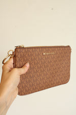 Michael Kors Light Brown Logo Print Pouchette with Gold Hardware