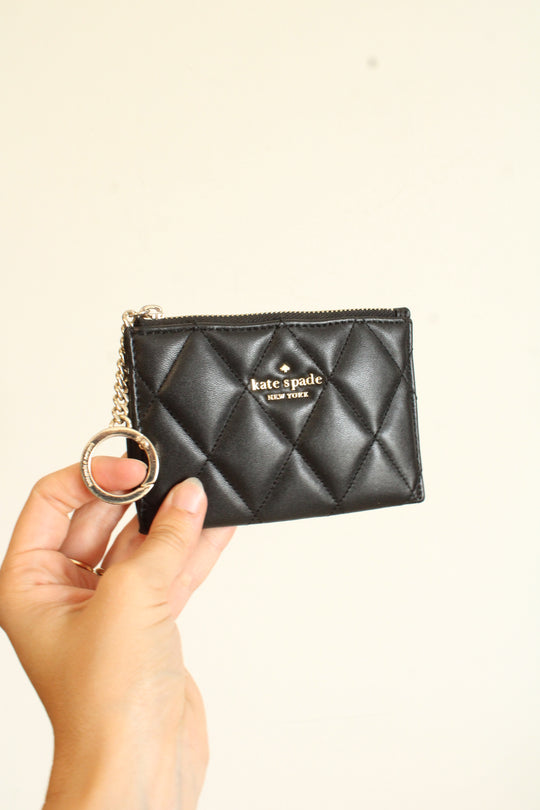 Kate Spade Black Quilted Leather Carey Card Holder with Keychain Ring