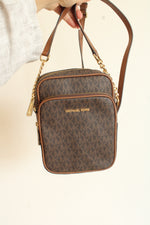 Michael Kors Brown Logo Print Medium Jet Set Travel Crossbody Bag