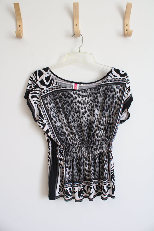 Heart Soul Black & White Leopard Print Cinched Waist Top | S