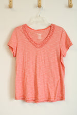 L.L. Bean Coral Double Ruffle Scoop Neck Short Sleeve Top | MED