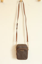 Michael Kors Brown Logo Print Medium Jet Set Travel Crossbody Bag