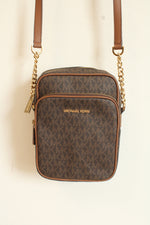 Michael Kors Brown Logo Print Medium Jet Set Travel Crossbody Bag