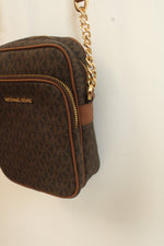 Michael Kors Brown Logo Print Medium Jet Set Travel Crossbody Bag