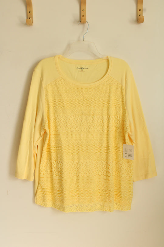 NEW Croft & Barrow Yellow 3/4 Sleeve Top with Lace Front  | XL
