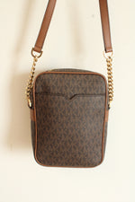 Michael Kors Brown Logo Print Medium Jet Set Travel Crossbody Bag