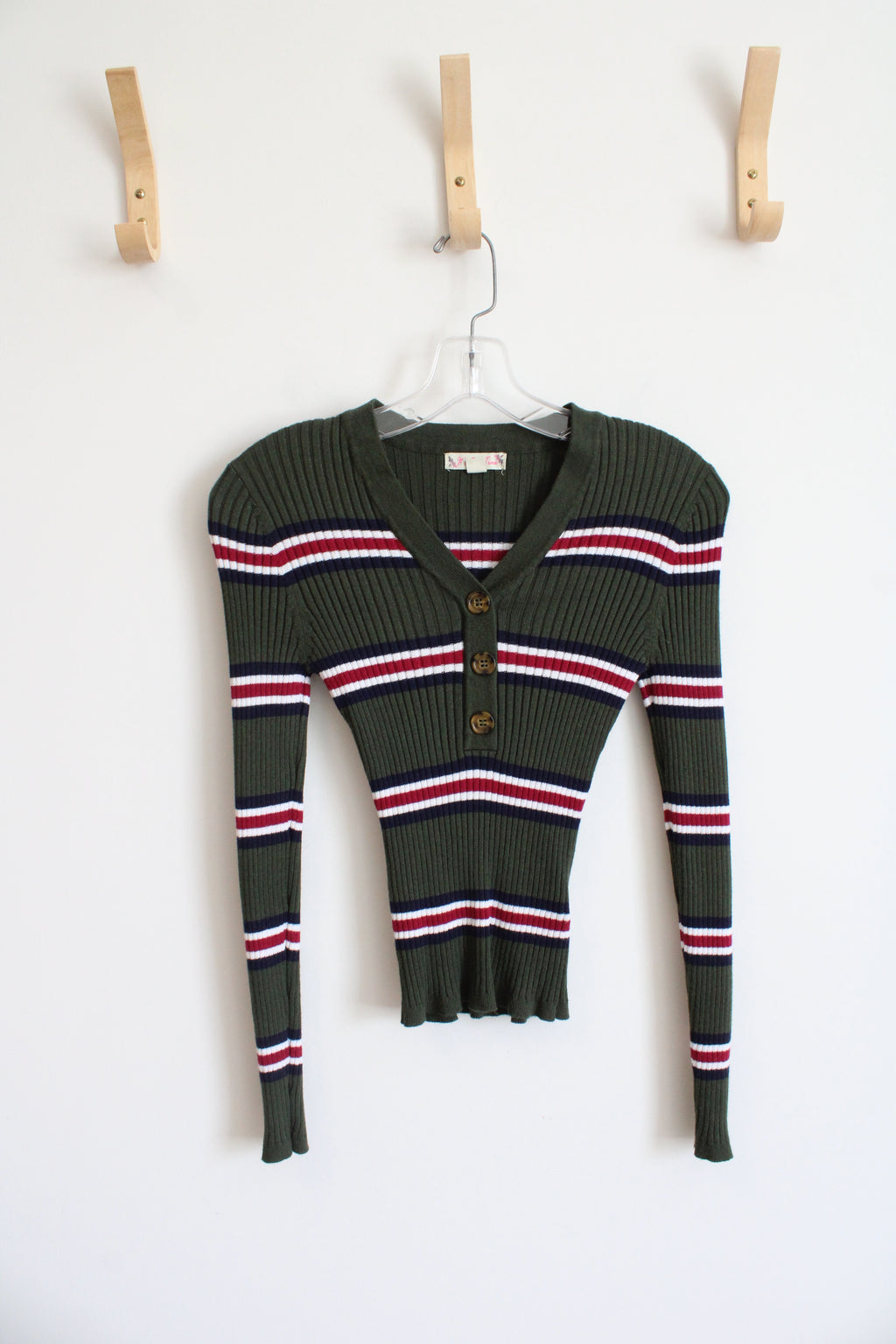 It's Our Time Olive Green Striped Fitted Ribbed Long Sleeved Top | XS
