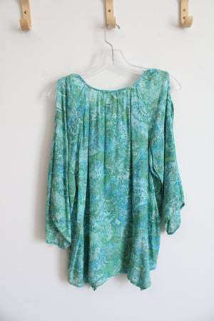 Studio Works Blue & Green Paisley Cold Shoulder Top | M Petite