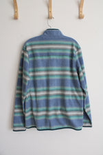 Eddie Bauer Gray Blue & Green Striped Fleece 1/4 Buttoned Sweatshirt | M