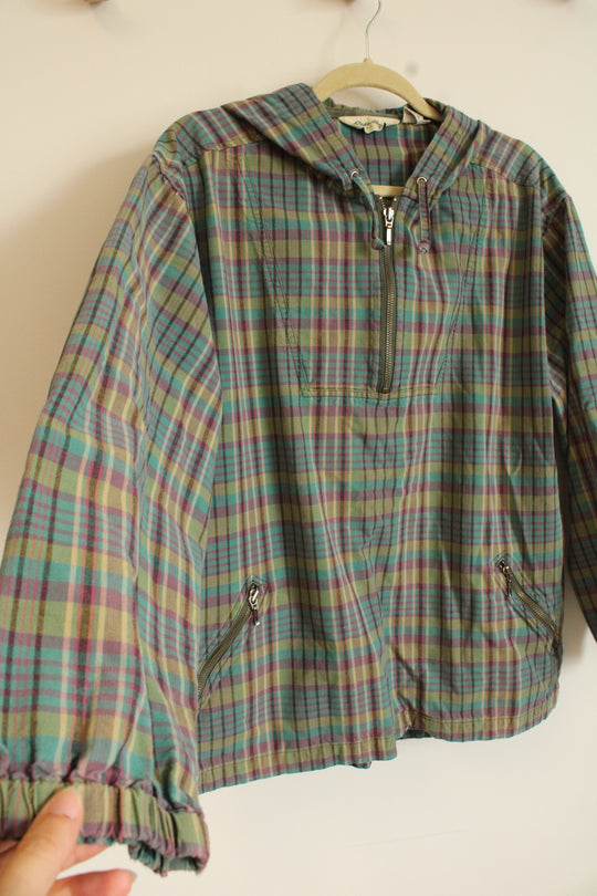 Eddie Bauer Purple Teal Green Plaid Pullover Cotton Hoodie | M