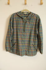 Eddie Bauer Purple Teal Green Plaid Pullover Cotton Hoodie | M