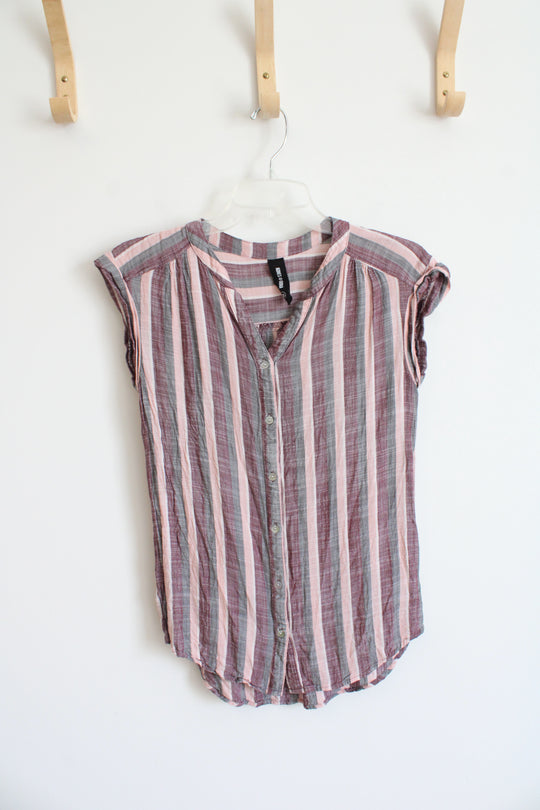 Agnes & Dora Pink Purple & Gray Striped Cuffed Sleeve Button Down Top | XXS