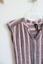 Agnes & Dora Pink Purple & Gray Striped Cuffed Sleeve Button Down Top | XXS