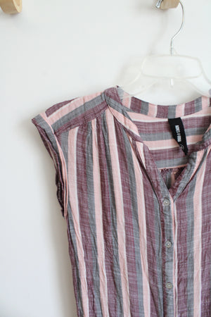 Agnes & Dora Pink Purple & Gray Striped Cuffed Sleeve Button Down Top | XXS