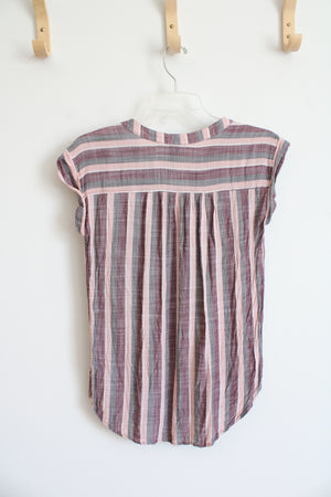 Agnes & Dora Pink Purple & Gray Striped Cuffed Sleeve Button Down Top | XXS
