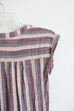 Agnes & Dora Pink Purple & Gray Striped Cuffed Sleeve Button Down Top | XXS