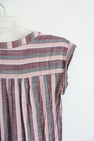 Agnes & Dora Pink Purple & Gray Striped Cuffed Sleeve Button Down Top | XXS