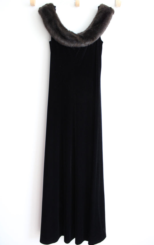 Jeffrey & Dara Evenings By Tom Barra Black Maxi Velvet Faux Fur Dress | 14