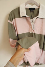 NEW Sanctuary Rugby Front Tie Pink & Sage Green Striped Long Sleeve Polo Shirt | XS