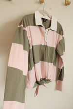 NEW Sanctuary Rugby Front Tie Pink & Sage Green Striped Long Sleeve Polo Shirt | XS