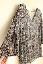 NEW Michael Kors Gray Black and White Cheetah Top with Gold Cutout Sleeves | XL