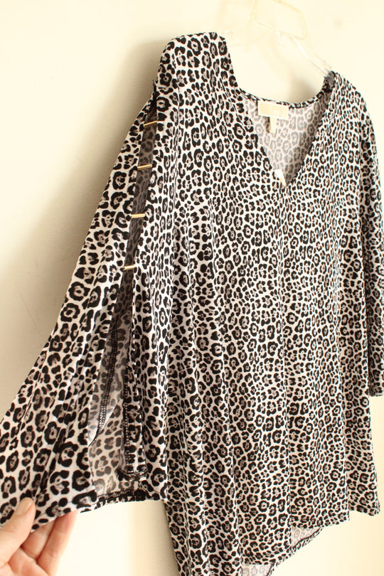 NEW Michael Kors Gray Black and White Cheetah Top with Gold Cutout Sleeves | XL