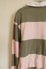 NEW Sanctuary Rugby Front Tie Pink & Sage Green Striped Long Sleeve Polo Shirt | XS