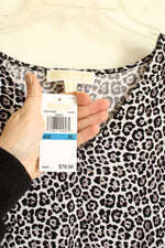 NEW Michael Kors Gray Black and White Cheetah Top with Gold Cutout Sleeves | XL