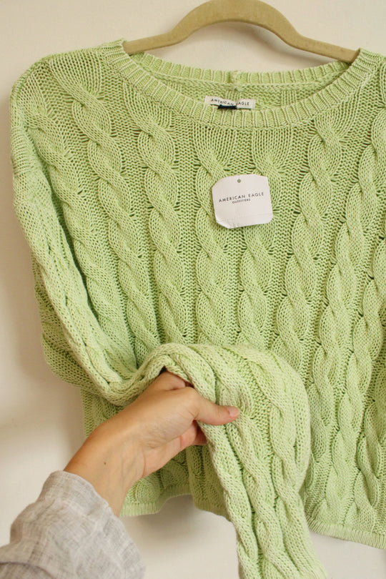 NEW American Eagle Lime Green Cotton Cable Knit Crop Sweater | M