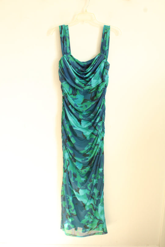 NEW Pretty Garden Blue and Green Mesh Maxi Dress with Rouching | L