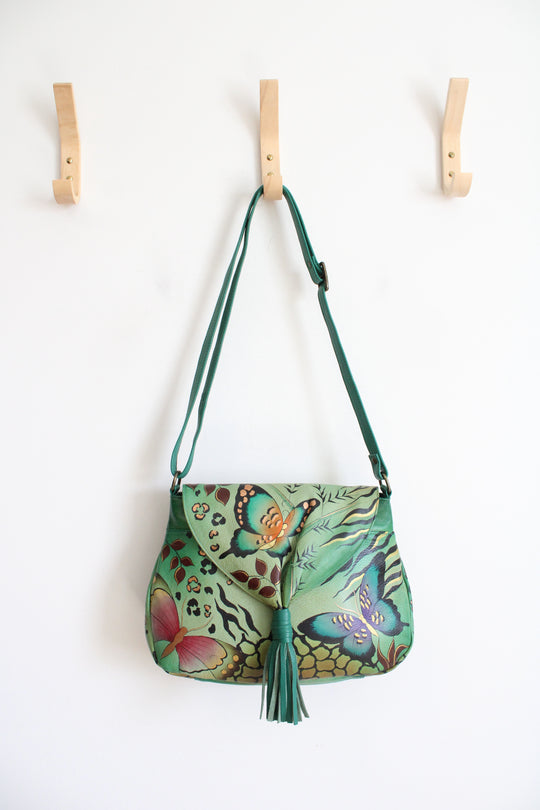 Anuschka Hand Painted Butterfly Green Leather Bag
