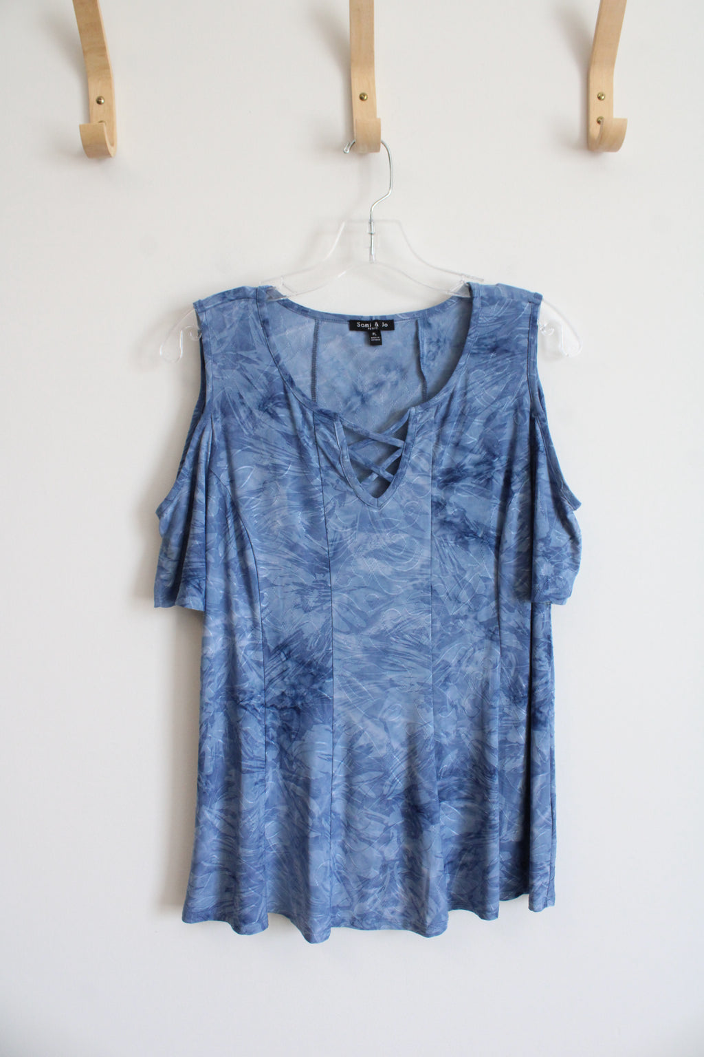 Sami & Jo Blue Textured Cold Shoulder Top | L Petite